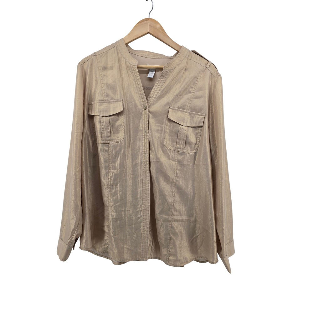 Chico's Blouse Womens 3 Utility Gold Metallic Epaulet Button Front EUC